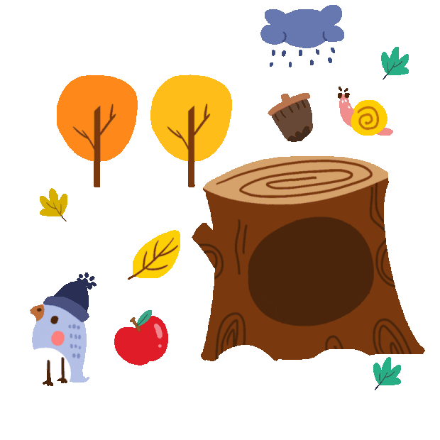 秋天森林树洞兔子松果树叶蜗牛啄木鸟苹果树贴纸gif图素材