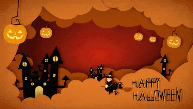 万圣节南瓜灯城堡女巫狂欢派对剪纸橙色视频背景gif图素材