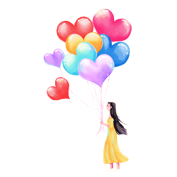 女孩子拿着爱心气球彩色gif图素材