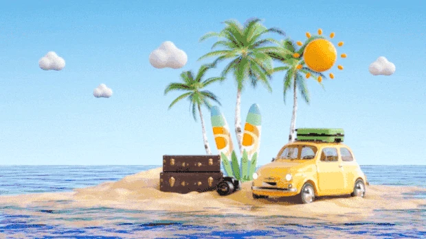 夏天汽车海滩蓝色c4d立体3D视频背景唯美gif图素材