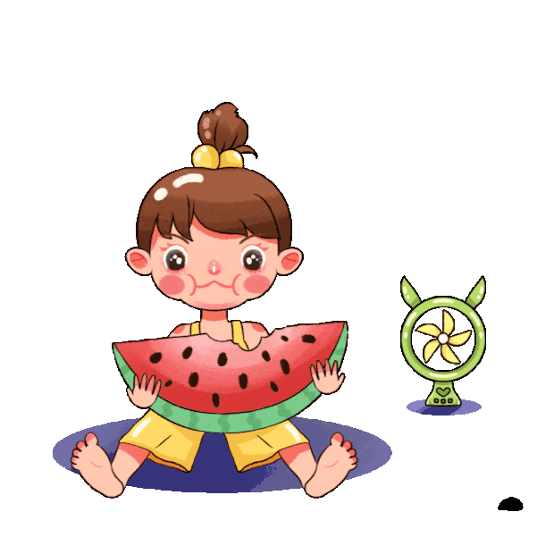 夏天表情包彩色吹风扇吃西瓜的小女孩