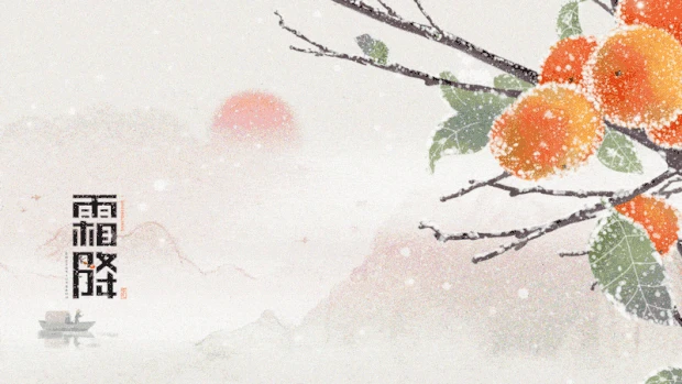 霜降二十四节气柿子下雪落雪雪花唯美横板视频背景海报gif图素材