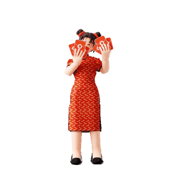 春节新春过年C4D立体3D旗袍女生人物拿红包gif图素材新年