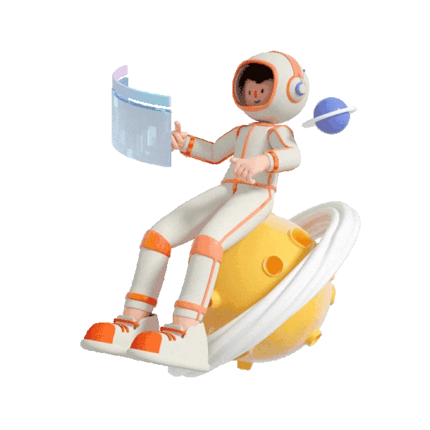 C4D立体3D宇航员太空人坐在星球上看屏幕火箭飞船环绕gif图素材