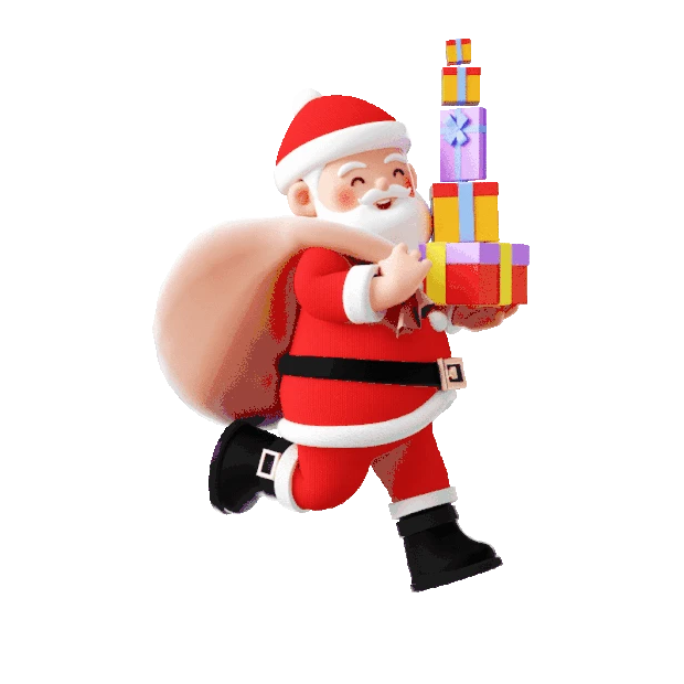 圣诞节圣诞C4D立体3D圣诞老人背着袋子跑步送礼物gif图素材
