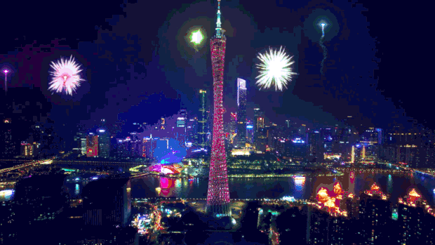 喜迎欢度国庆广州地标建筑夜景烟花绚丽燃放实景gif图素材