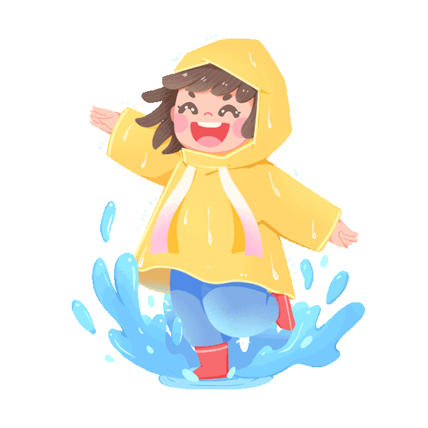 小女孩穿雨衣踩踏水蹦跳卡通gif图素材