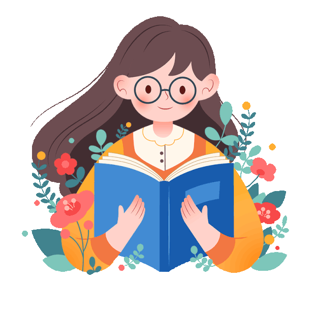 戴眼镜女孩花丛中看书阅读扁平插画风gif图素材